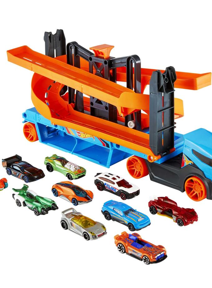 Hot Wheels Lift & Launch Hauler Toy Truck With 10 Cars in 1:64 Scale, Transporter Stores 20 Vehicles High Quality