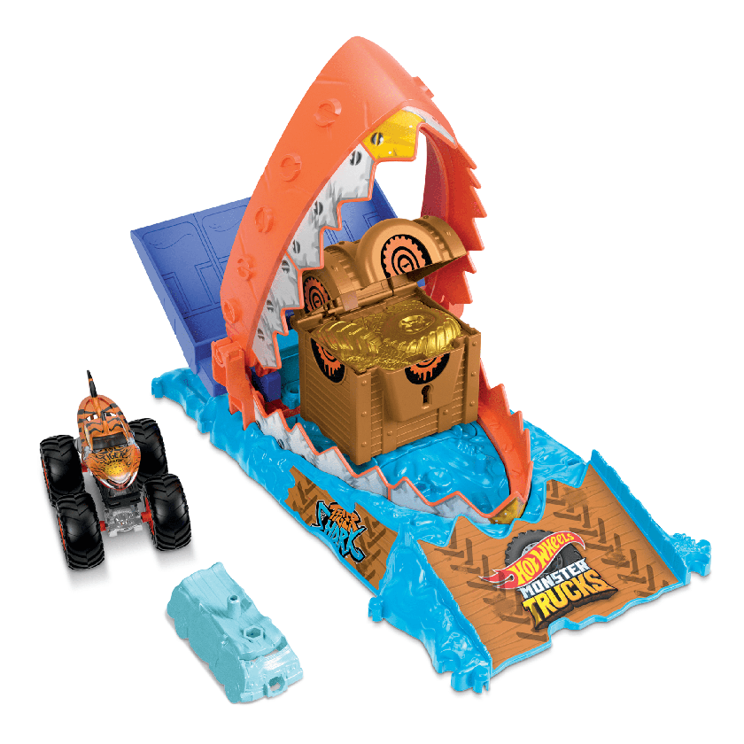 Hot Wheels Monster Trucks Arena Smashers Treasure Chomp Challenge Playset With 1:64 Scale Tiger Shark Toy Truck & Crushed Car On Sale