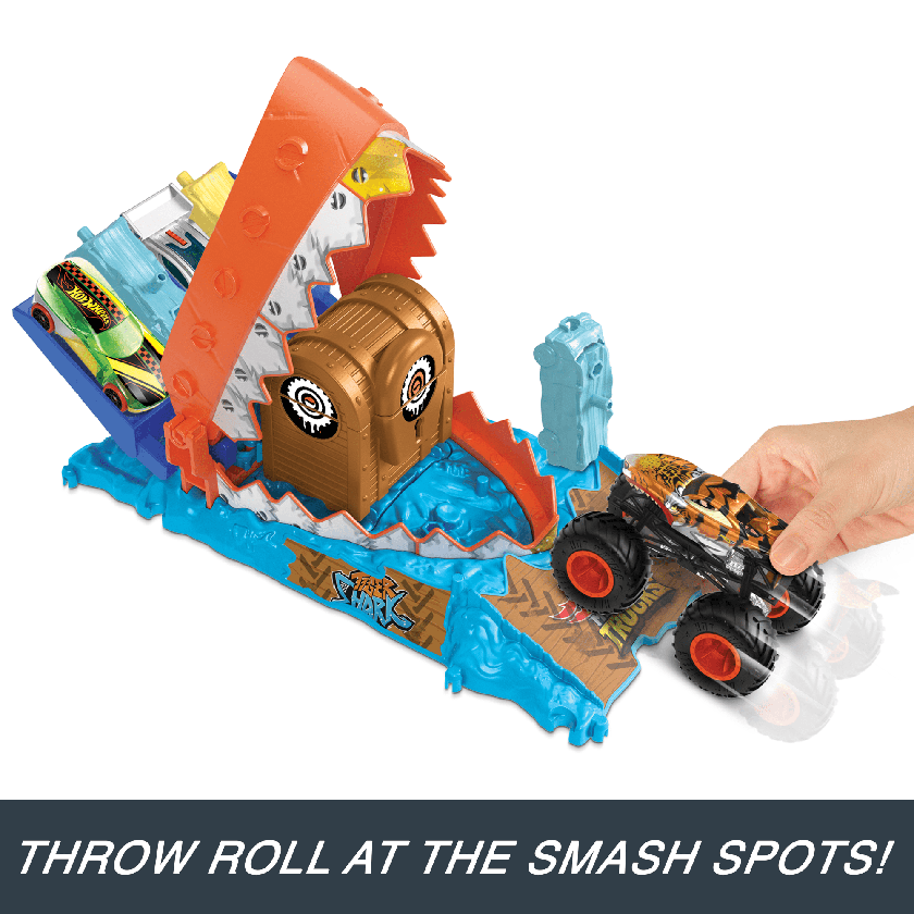 Hot Wheels Monster Trucks Arena Smashers Treasure Chomp Challenge Playset With 1:64 Scale Tiger Shark Toy Truck & Crushed Car On Sale