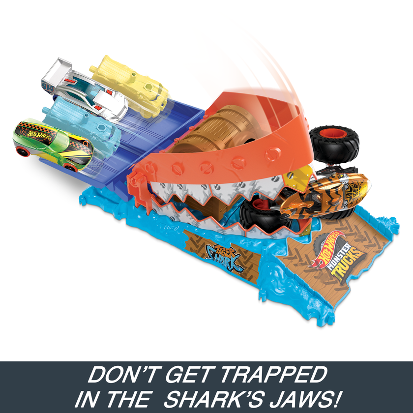 Hot Wheels Monster Trucks Arena Smashers Treasure Chomp Challenge Playset With 1:64 Scale Tiger Shark Toy Truck & Crushed Car On Sale