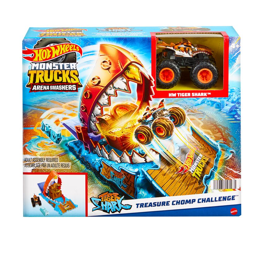 Hot Wheels Monster Trucks Arena Smashers Treasure Chomp Challenge Playset With 1:64 Scale Tiger Shark Toy Truck & Crushed Car On Sale