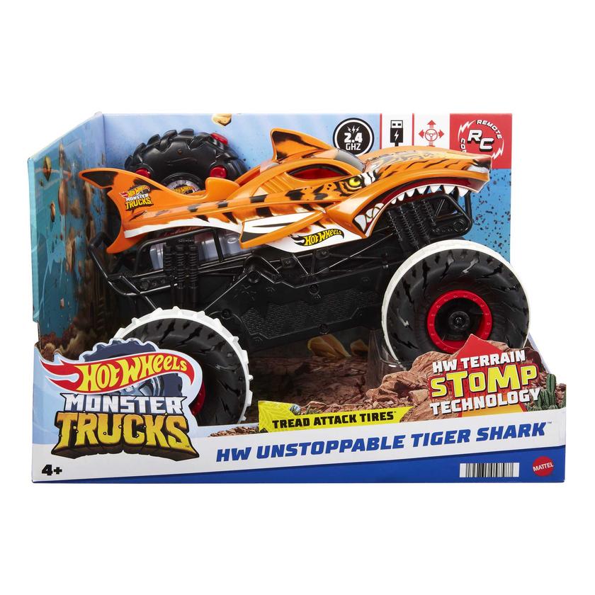 Hot Wheels Monster Trucks, Remote Control Car, 1:15 Scale Tiger Shark RC With All-Terrain Wheels On Sale