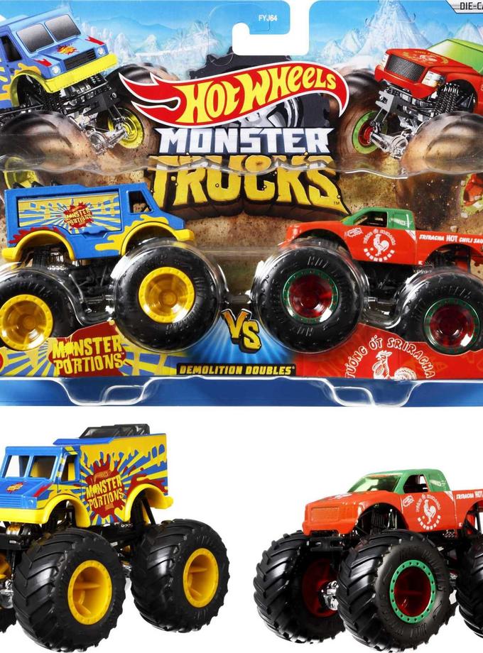 Hot Wheels Monster Trucks Vehículo de Juguete Paquete Sorpresa de 2 Autos Escala 1:64 For Sale